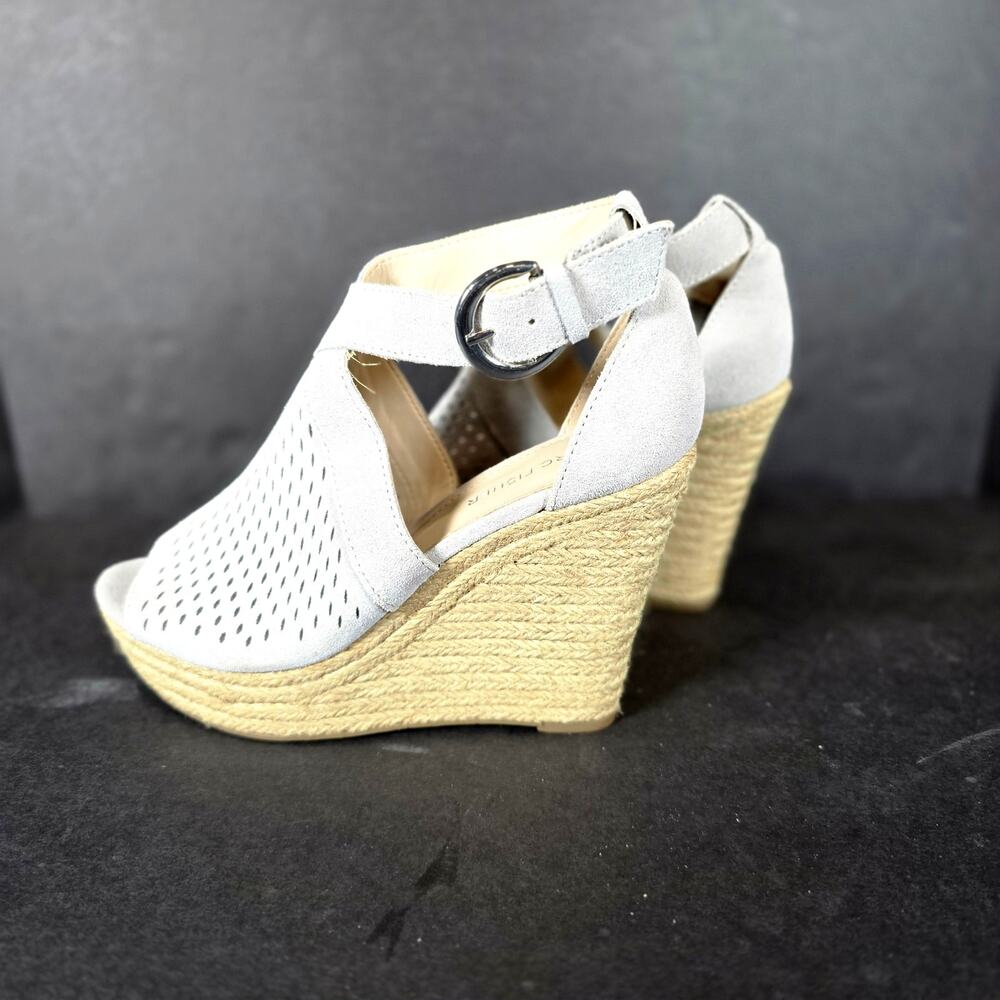 Marc Fisher Haldya Suede Laser-Cut Wedge Platform Espadrille Sandals Open Toe